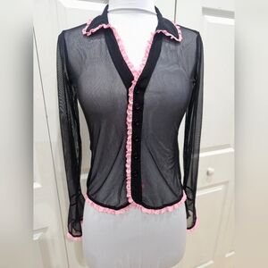 Dolls Kill Delias Black Mesh Pink Lace Flash Sale No One Cuter Long Sleeve Top S